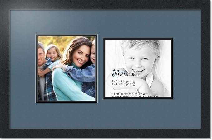 ArtToFrames Collage Photo Frame Double Mat with 2-7.5x8.5 Openings with Satin Black Frame and Dutch Blue mat.