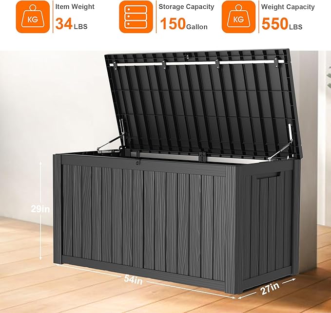 150 Gallon Large Deck Box,Resin Outdoor Storage Box with Lockable for Patio Furniture, Pool Accessories, Garden Tools Waterproof Outside Storage Box, Black