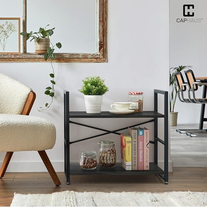 CAPHAUS 2 Tier Small Bookshelf, 24 Inch Width Free Standing Shelf, Bookcase Shelf Storage Organizer, Industrial Book Shelves for Home Office, Living Room, Black Shelves & Metal Frame