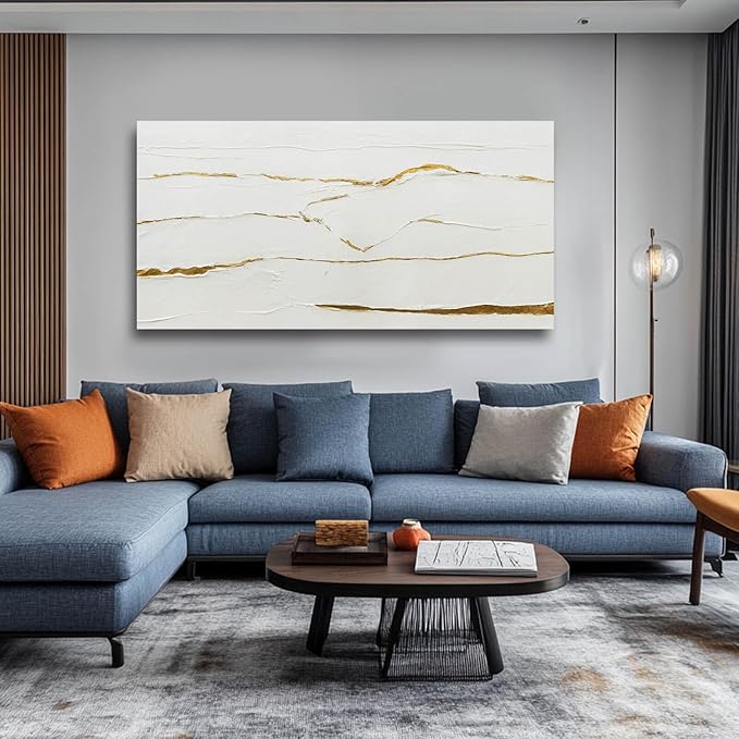 WINKAILIN Modern Artwork White Painting Abstract Wall Art for Dining Room Gold Foil Picture Big Painting for Living Room 29"x 58" Entryway Wall Decor