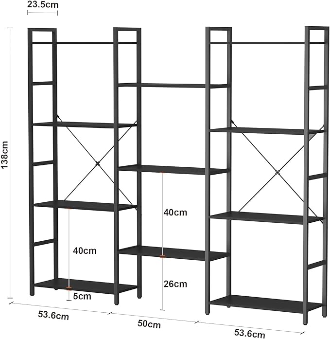 Panana Triple 4/5/6 Tier Bookshelf, Industrial Bookcase with 11/14/17 Open Display Shelves Wide Book Shelf Book Case with Metal Frame for Living Room Home Office (Black, 4 Tier)