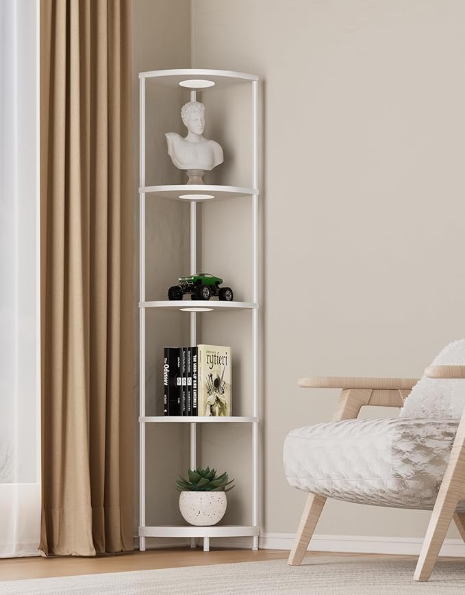 Corner Shelf with RGBCW LED Light, 64.5” Tall Floor Lamp Narrow Bookshelf Organizer, Standing Shelves with Metal Pole, Display Storage Rack for Wall Corner, Living Room, Bedroom, Office Décor, White