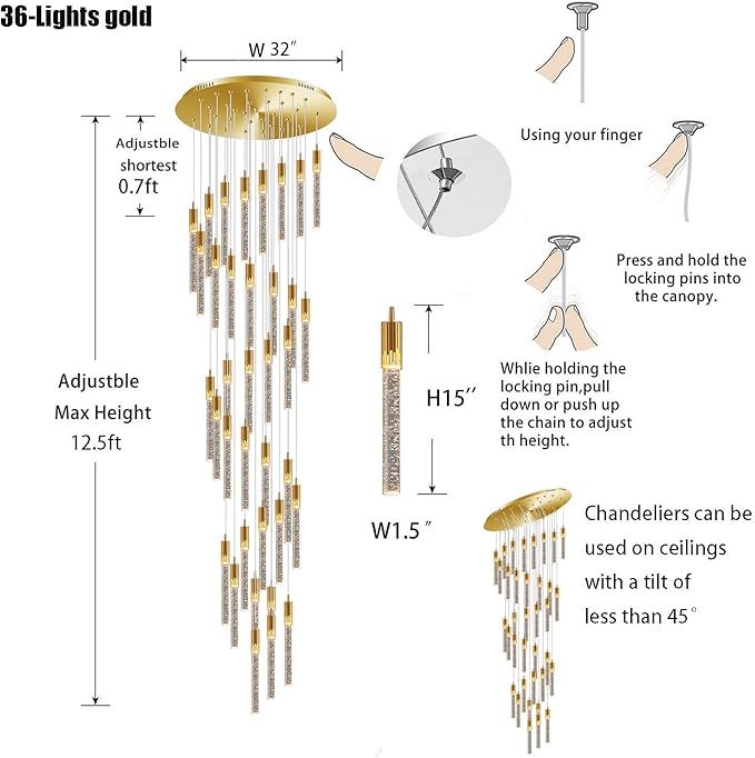 Flashing God 12.5feet Long Staircase Chandelier Gold Bubble Crystal Bolumn Chandeliers Large Foyer Entrance Chandeliers for High Ceiling Big Crystal Chandelier LED Dimmable 2700K-6000K