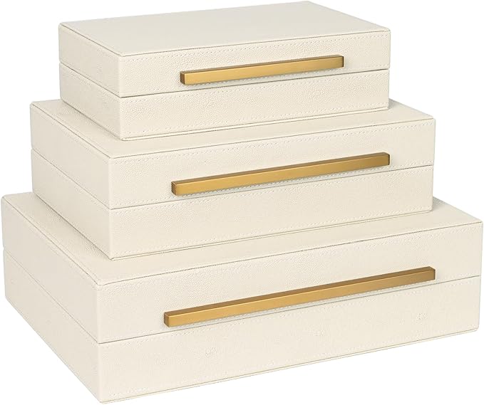 Beige Shagreen Decorative Box Set of 3 - Faux Leather Nesting Storage Boxes with Lids, Large Modern Jewelry Organizer, Stackable Home Decor Box for Bedroom, Bathroom & Office