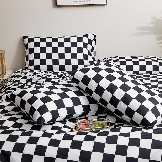 Pureant Black White Plaid Comforter Set Full Size Black Checkerboard Grid Bedding Comforter Women Men Black and White Grid Quilts Soft Modern Black Buffalo Grid Comforter Boho Checkered Geomertic Bed