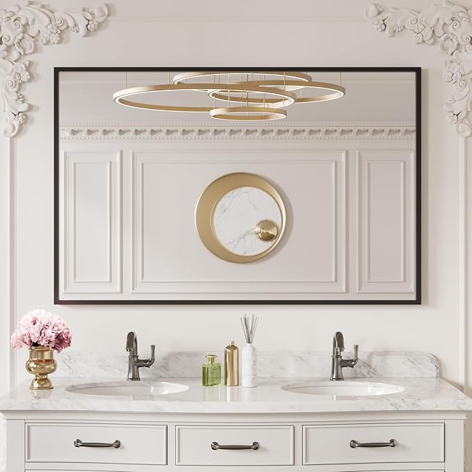 LOAAO 55"X36" Black Rectangle Bathroom Mirror Wall, Matte Black Aluminum Alloy Frame, Tempered Glass, Hangs Vertically or Horizontally, Easy to Install