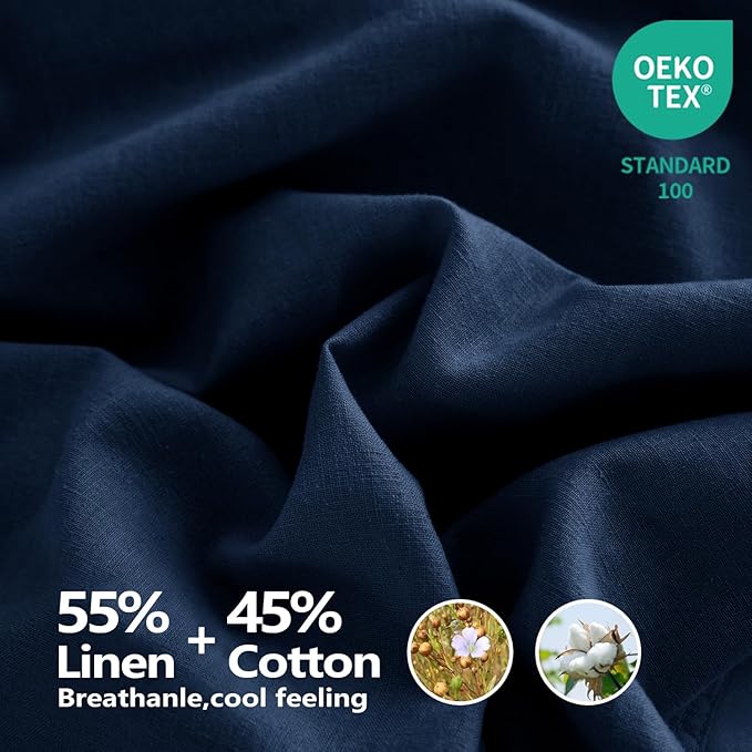 Talasily Linen Sheets- California King Size Sheets Set,Blend from Linen Cotton Bedsheets,All Seasons Soft Breathable 4 Piece Set-Navy Blue