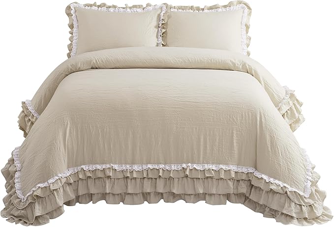 Lush Decor Ella Ruffle Lace Comforter, 3 Piece Set, Full/Queen, Neutral - Cute Comforter - Queen Bedding Set - Beige Bedding Full Size - Coquette Decor - Beige Lace Trim - Ruffle Trim