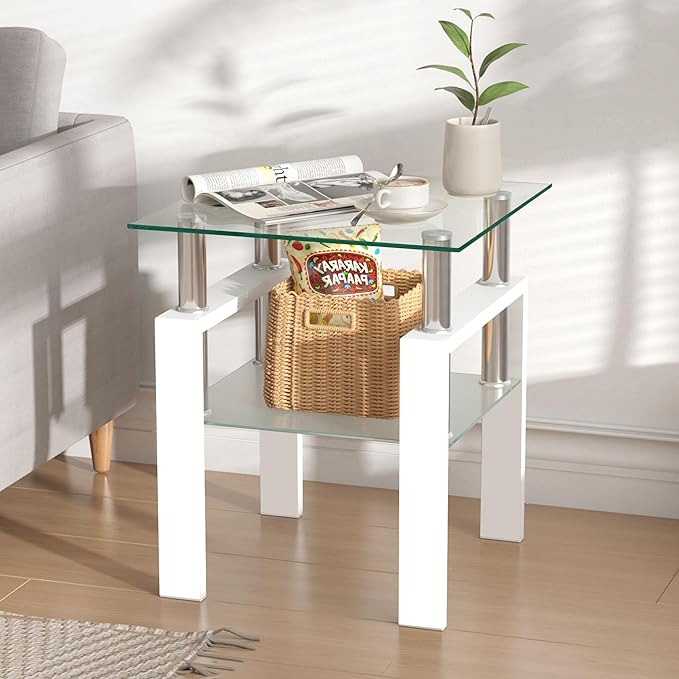 IANIYA Modern Glass End Table, 2-Tier Side Table with Tempered Glass Top & Metal Legs, Night Stand Corner for Living Room, Bedroom, White