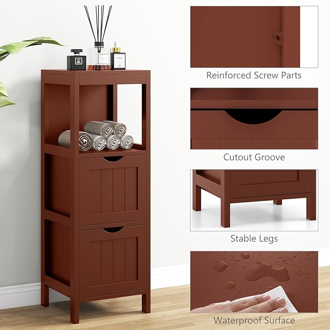 Tangkula Small Bathroom Storage Cabinet with 2 Removable Drawers, Wood Freestanding Floor Cabinet for Bathroom, Anti-Tipping Device, Side Corner Cabinet for Small Spaces (Brown)