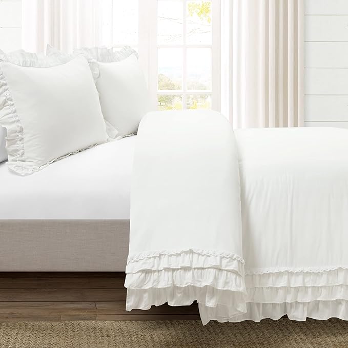 Lush Decor Ella Ruffle Lace 100% Cotton Duvet Cover, 3 Piece Set, Full/Queen, White - Cute Comforter - Queen Bedding Set - White Bedding Full Size - Coquette Decor - Neutral Lace Trim - Ruffle Trim