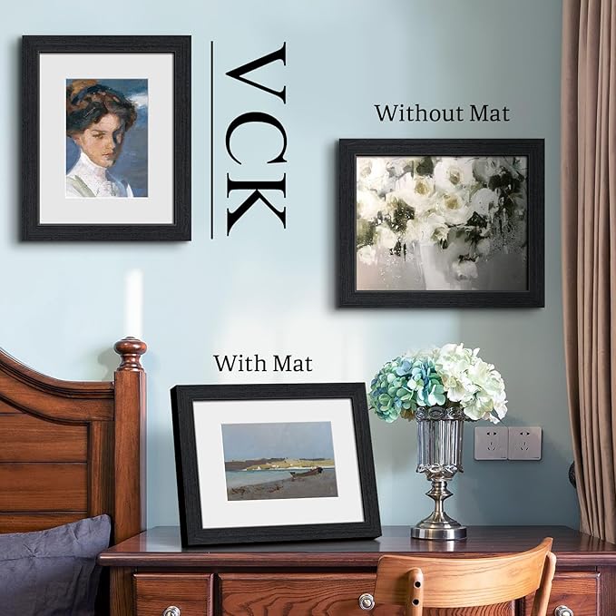 VCK 8x10 Picture Frame 2 Pack, Natural Wood Grain Black Oak & HD Glass, Display 5x7 Photos with Mat or 8x10 without Mat, Tabletop or Wall Hanging