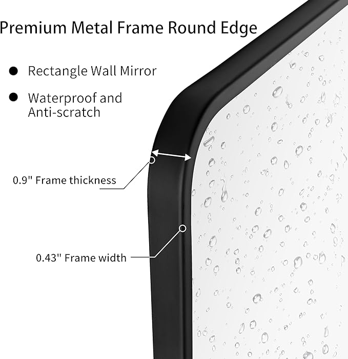 20"x40" Bathroom Wall Mirror with Matte Black Metal Frame & HD Glass, Copper-Free Mirrors Modern Rectangle Round Corner Framed Vanity Mirror - Horizontal or Vertical Installation