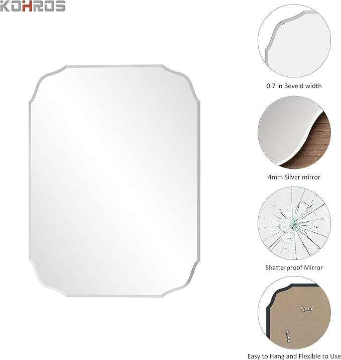 KOHROS Frameless Scalloped Beveled Edges Mirror 20" x 28" Bathroom Mirrors for Over Sink Silver Wall Mirror for Bathroom, Vanity, Bedroom (Horizontal or Vertical)