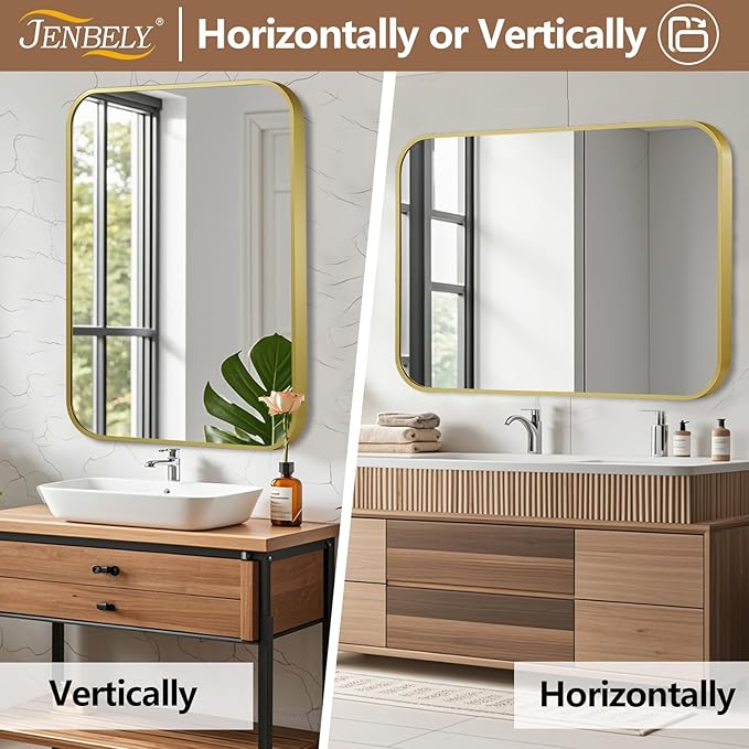 24x36 Inch Gold Mirror, Framed Rectangle Mirror with Rounded Corner, Brushed Brass Mirror, Gold Bathroom Mirror for Over Sink, Vanity, Living Room, Bedroom, Horizontal/Vertical