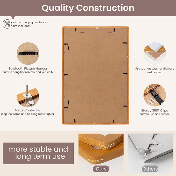 27x40 inch Poster Frame - Solid Teak Wood 27 x 40 Frame, Movie Poster Frame 27x40 With Mat For 24x36, Tempered Glass and Hanging Hardware Included, 27''x40'' Frame Wood, Natural Teak