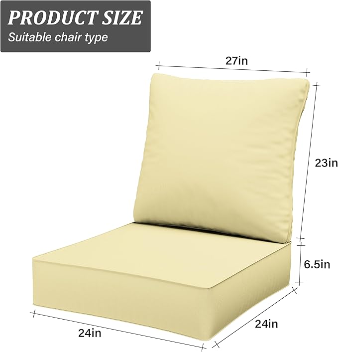 Outdoor Seat Cushion Set 24 x 24 x6.5 Inch Splash-Proof & Fade Resistant Patio Furniture Cushions with Removable Cover Deep Seat & Back Cushion with Straps for Chair Sofa Couch