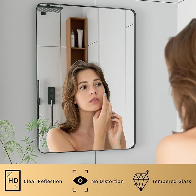 30x22 Bathroom Vanity Mirror for Wall, Aluminum Framed, Farmhouse Rectangle, Anti-Rust, HD Reflection Anti-Desilvering, Distortion Free, Tempered and Shatter-Proof Wall Mounted Mirror, Black