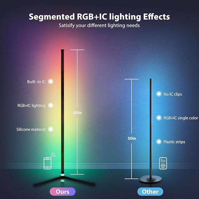 2PCS RGB Corner Floor Lamp, 64.5" RGB Color Changing Mood Light Bluetooth APP and Remote Control Music Sync LED 398 Dimmable Modes Modern Floor Lamp for Living Room, Light Timing