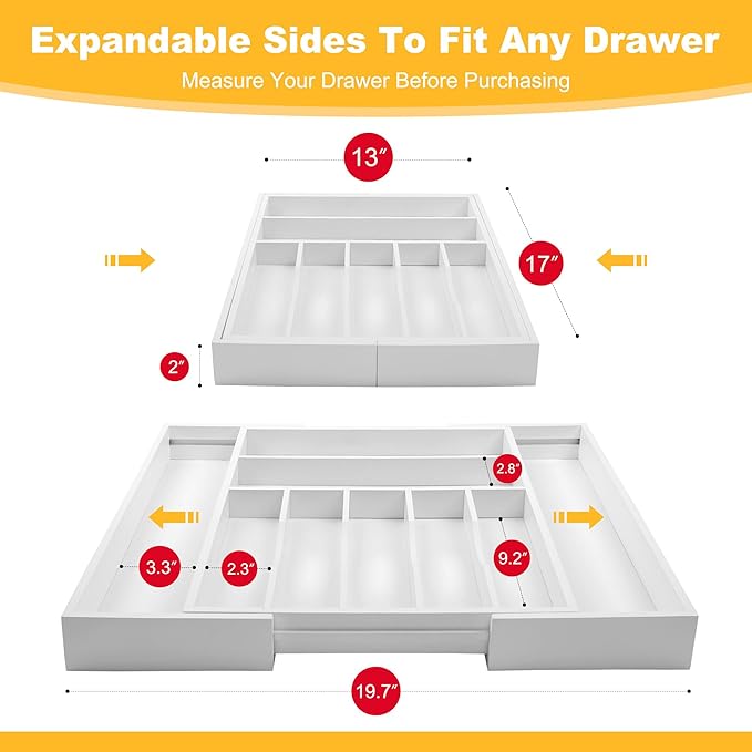 Large Premium Bamboo Silverware Organizer - Expandable Drawer Organizer & Utensil Organizer - 17"x19.7" Cutlery Tray with Dividers for Kitchen Utensils and Flatware (7-9 Slots) (White)