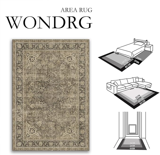 10x12 Brown Vintage Area Rug for Living Room Bedroom Large Traditional Low Pile Soft Carpet Non-Slip Thin Retro Distressed Accent Washable Throw Rug for Dining Room Office Kitchen Indoor