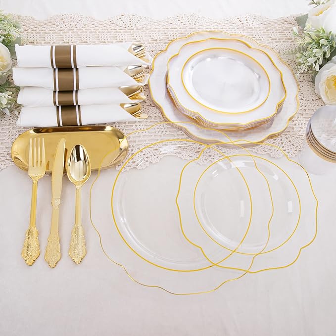 NOCCUR 50Guest Gold Rim Clear Plastic Plates&Disposable Silverware Cups-Include 100Plastic Plates, 150Gold Utensils, 50Cups and 50Napkins-Idea for Wedding&Party