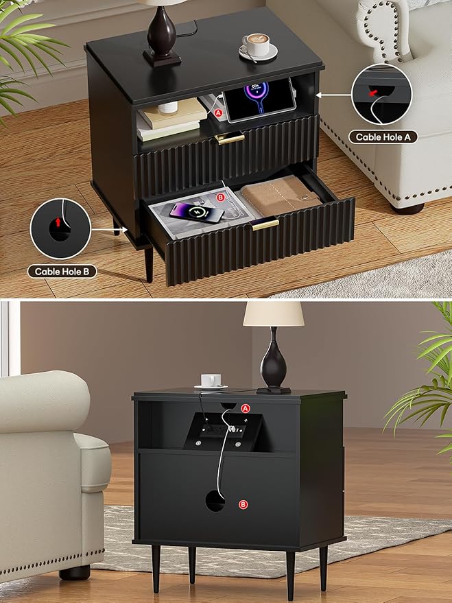 Modern Nightstand with Charging Station, 2 Drawers Fluted Wood Bedside Table with USB, Type-C & Outlets, Metal Legs, Storage Dresser for Bedroom or Living Room (Ink Black, 23.3")