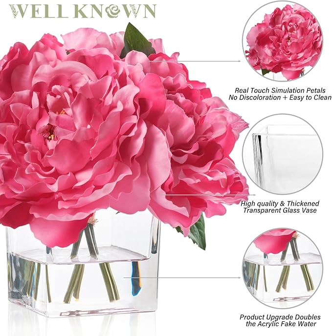 Artificial Peonies Flowers Arrangements in Cube Glass Vase, WELLKNOWN Silk Flower Centerpieces for Dining Room Table, Coffee Table Decor, Faux Peony Flowers with Faux Water (Fuchsia)