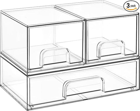 Vtopmart Stackable Storage Drawers Set of 3,Clear Plastic Organizer Bins for Makeup, Cosmetics, Beauty Supplies,Ideal for Vanity, Bathroom,Cabinet,Pantry Organization