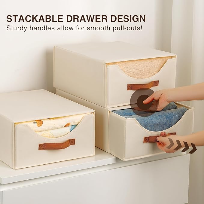 Large Closet Organizers and Storage - Stackable Storage Bins with Drawer, Fabric Containers for Organizing, Collapsible Organizer Bins for Bedroom, 8 Pack, Beige