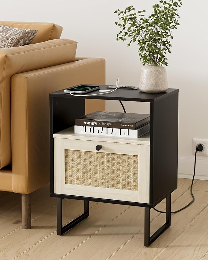 Rattan Nightstand with Charging Station, Boho Night Stand Farmhouse Wood Bedside Table with Storage and Open Shelf, End Side Accent Table for Bedroom,Living Room,Black and Oak