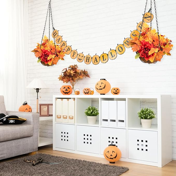 Artificial Faux Maple Leaves Hanging Plants Flowers Basket for Outdoors Autumn Decoration, Silk Maple Leaf Peony Dahlia Look Real Fake Flowers for Porch Outside Patio Balcony Yard Home Garden