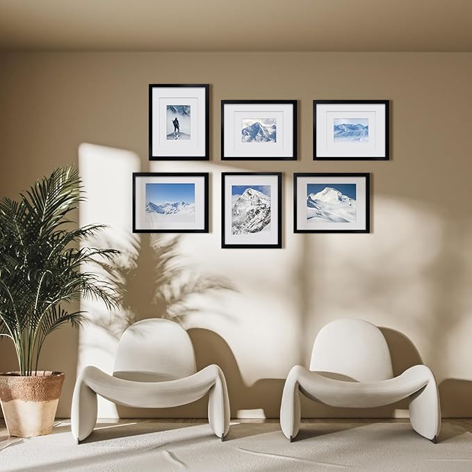 Egofine 11x14 Picture Frames Made of Solid Wood 6 PCS Black Covered by Plexiglass - for Table Top and Wall Mounting for Pictures 8x10 or 5x7 with Mat Horizontally or Vertically Display Photo Frame