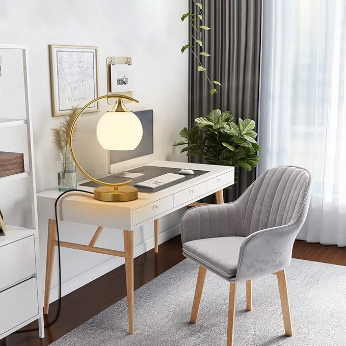 BOKT Modern Globe Table Lamp Mid Century Gold Glass Table Lamp Nordic Simple Design Desk Lamp White Globe Metal Reading Lighting Fixture for Bedside Nightstand Living Room
