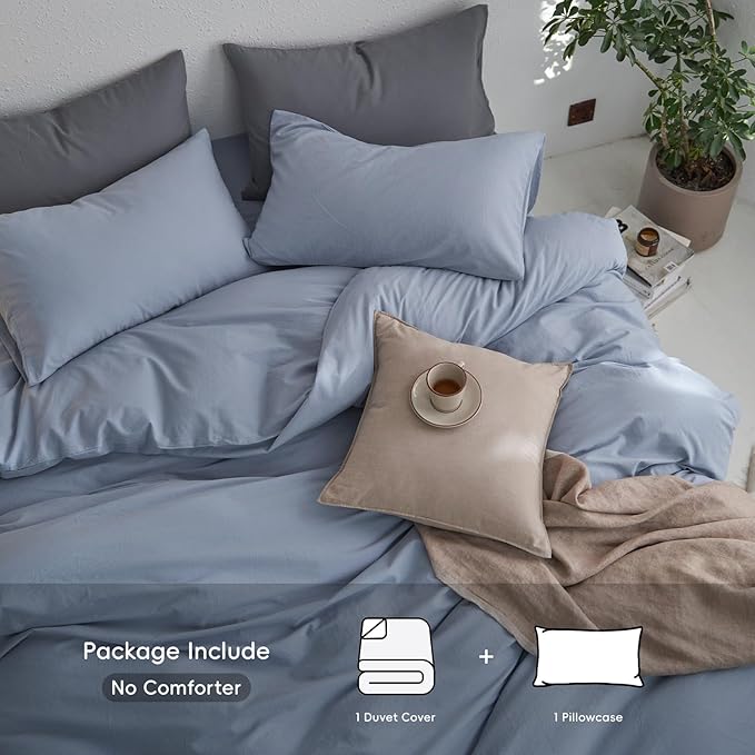 MooMee Twin Duvet Cover Set, 100% Washed Cotton Linen Like Twill Thick Sturdy Material Super Soft Breathable Durable Bedding for All Season, 2 Pieces (Cornflower Blue, Twin 68"x90")
