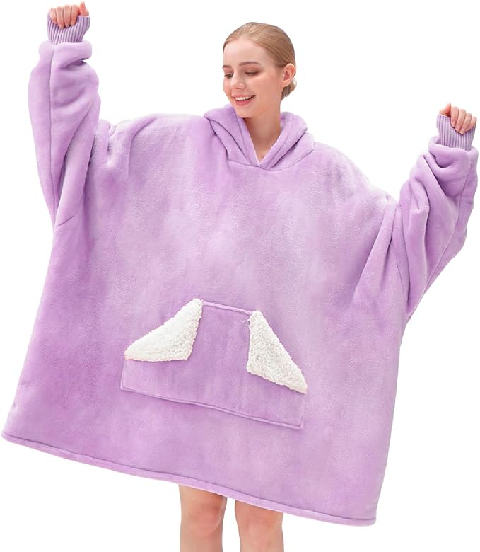 Touchat Wearable Blanket Hoodie, Oversized Sherpa Blanket Sweatshirt with Hood Pocket and Sleeves, Super Soft Warm Plush Hooded Blanket for Adult Women Men (Purple)