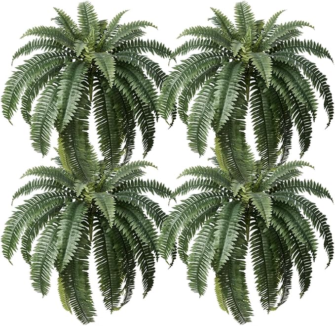 Artificial Boston Ferns 48" UV Resistant Faux Ferns with 33 Fronds for Outdoors - Large Fake Plants for Home, Garden, Front Porch and Hanging Decor - Lifelike Greenery for Indoor Spaces,4pcs VN141