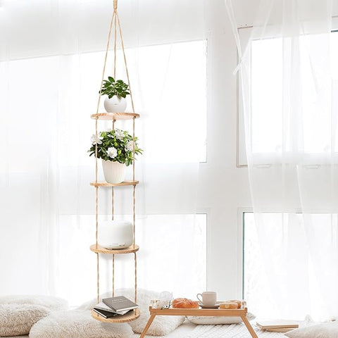 Hemp Rope Hanging Plant Shelf from Ceiling for Narrow Space or window Boho Hanging plant Shelves, Natural Pine Wooden Plant Stand Display for Indoor, Outdoor, Corner, Balcony, Living Room and Bedroom