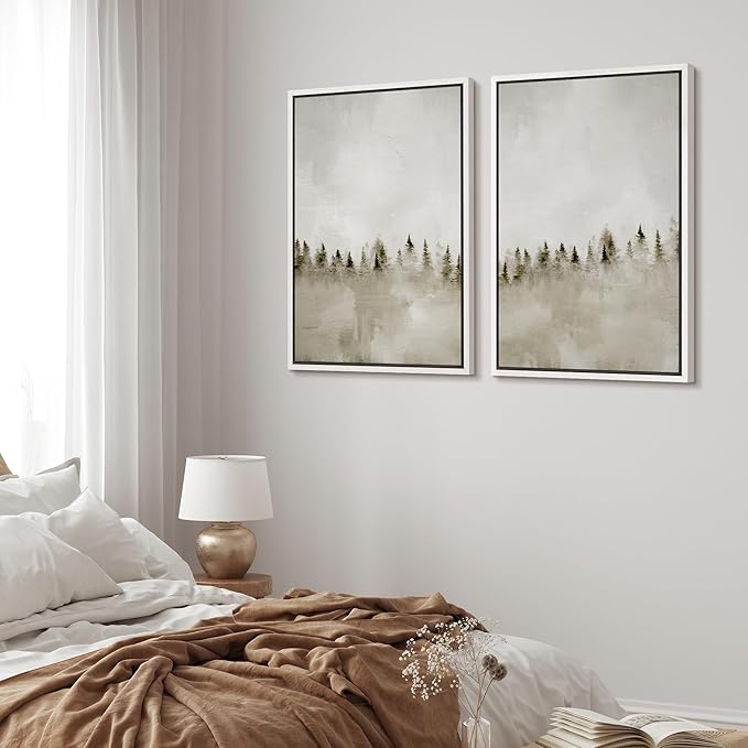 MUDECOR Framed Canvas Print Wall Art Set Misty Pines Serene Forest Landscape Illustrations Modern Art Decorative Bohemian Calm/Zen for Living Room, Bedroom, Office - 16"x24"x2 White
