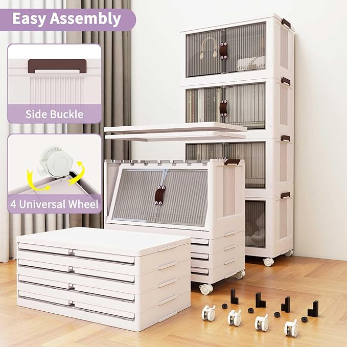 Luxdecor 185Qt Storage Bins With Lids-Stackable Plastic Storage Bins on Wheels, Closet Organizers and Storage,Collapsible Storage Cabinet with Doors for Home Office Garage Under Stairs,3 Tier White