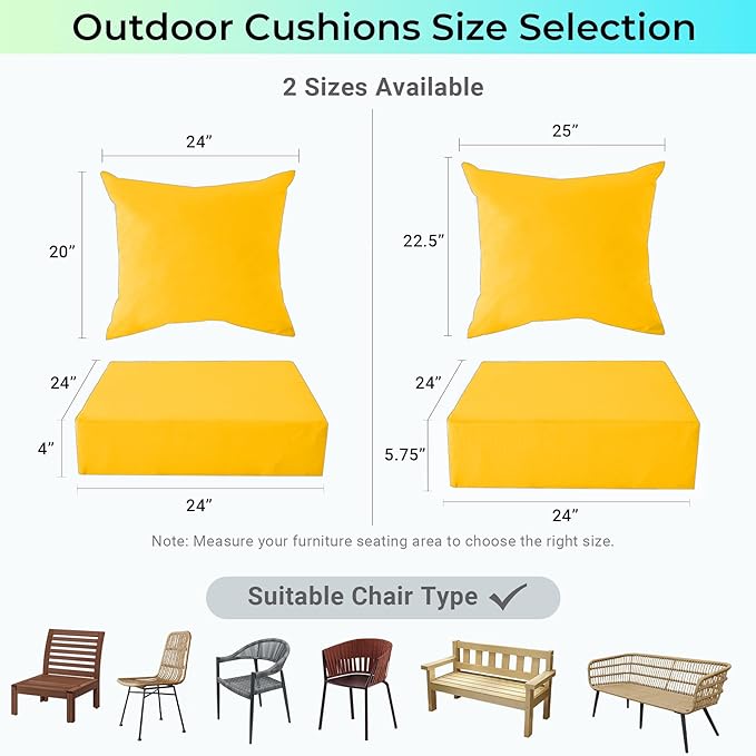 Outdoor Cushions for Patio Furniture,Outdoor Seat Cushion Set 24 x 24 x 5.75 Inch,Waterproof & Fade Resistant Outdoor Chair Cushions,Deep Patio Chair Cushion with Removable Cover,Yellow