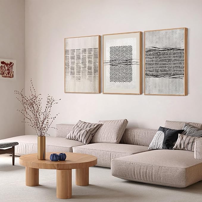 Large Abstract Black and Beige Framed Canvas Wall Art,Minimalist Geometric Lines Wall Decor,Cozy Neutral Shapes Artwork,Modern Lines Dots Art Print for Living Room,Bedroom,Office-24 x36 x3