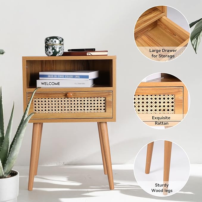Nightstand Bedside Table Small Nightstand with Drawers Rattan Side Table End Tables Bedroom Wood Mid Century Modern Nightstands