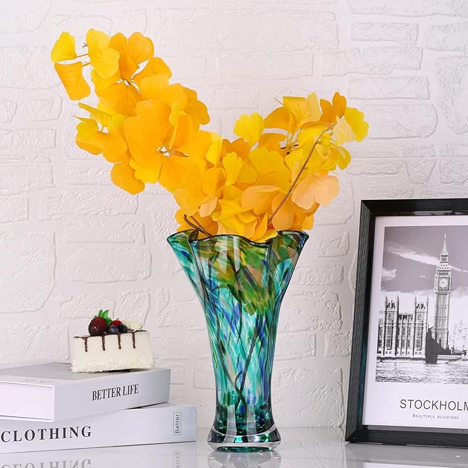 9.0" H Teal Glass Vases for Flowers, Unique Hand Blown Glass Vase Green Home Decor, Wide Mouth Colorful Flower Vase Centerpieces, for Living Room Table Bookshelf, Bathroom Office Shelf Decorative