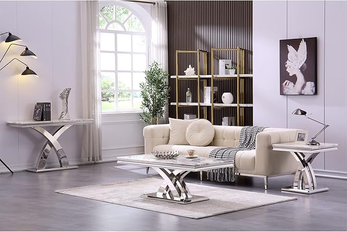 AUZ Coffee Table, Silver and White Coffee Table with Polished Silver X Base, Luxury Rectangle Center Table for Living Room,Tea, Guest Hall, Sofa, Reception Room,Office