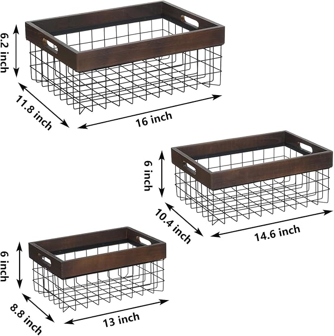 Set of 3 Metal Wire Baskets for Organizing Wood Top with Handles Storage Organizer Farmhouse Decor for Kitchen Cabinets Pantry Laundry Room Bathroom Closets Nesting Countertop Baskets