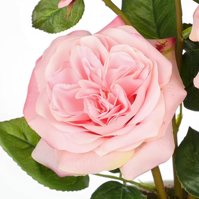 Hollyone Pink Roses Artificial Flowers in Blue and White Porcelain Vase 13.4" Fake Roses Flower Arrangement Artificial Plants & Flowers Potted Plant Faux Silk Rose Flower with Ceramic Pot Home Decor
