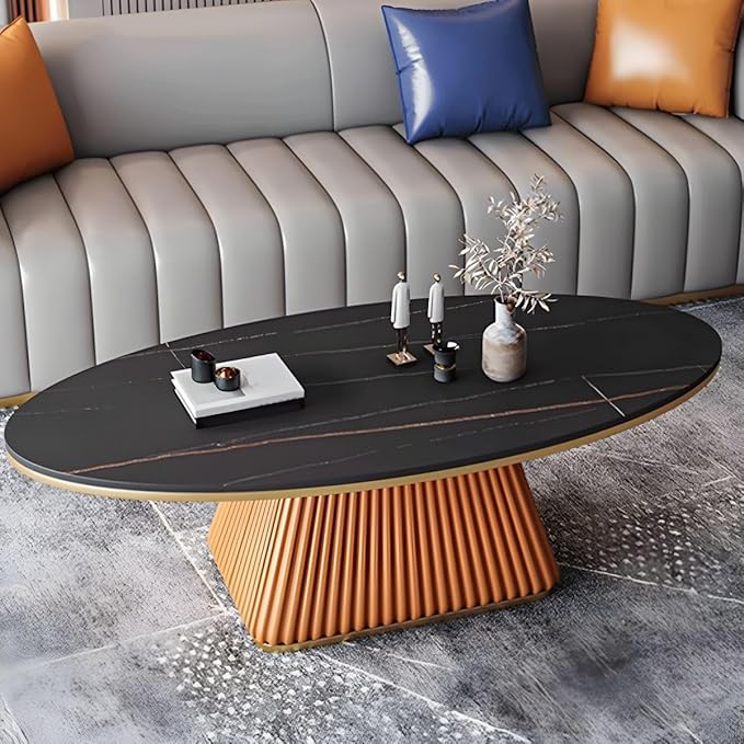 RUNNUP Oval Stone Coffee Table Modern Side End Table for Coffee Dinning Living Room Kitchen, Small Stand Contemporary Design Home Furniture Marble Table for Couch, 39.5"L x 19.5"W x 18"H Black/ Orange