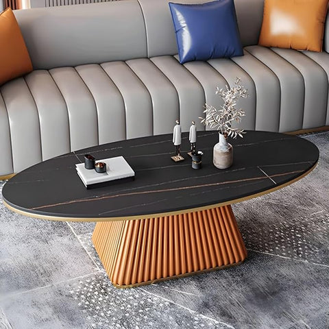 RUNNUP Oval Stone Coffee Table Modern Side End Table for Coffee Dinning Living Room Kitchen, Small Stand Contemporary Design Home Furniture Marble Table for Couch, 39.5"L x 19.5"W x 18"H Black/ Orange