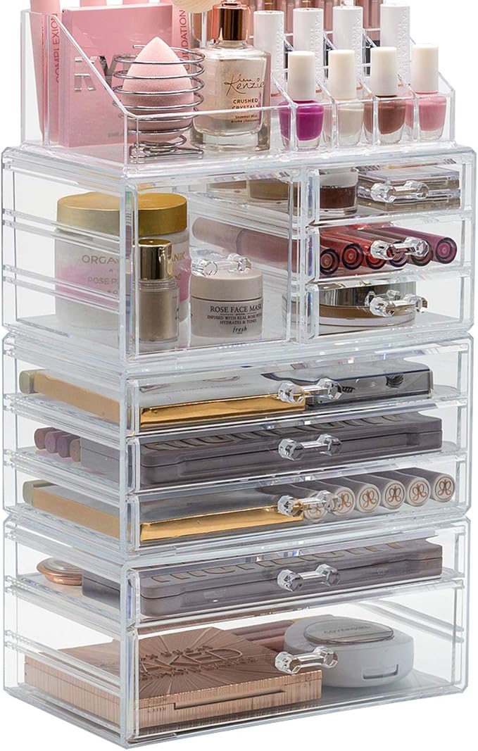 Sorbus Large Clear Makeup Organizer - Detachable 4-Piece Jewelry & Make Up Organizers and Storage Set - Spacious Cosmetic Display Tower - Makeup Organizer for Vanity, Bathroom, Dresser & Countertop